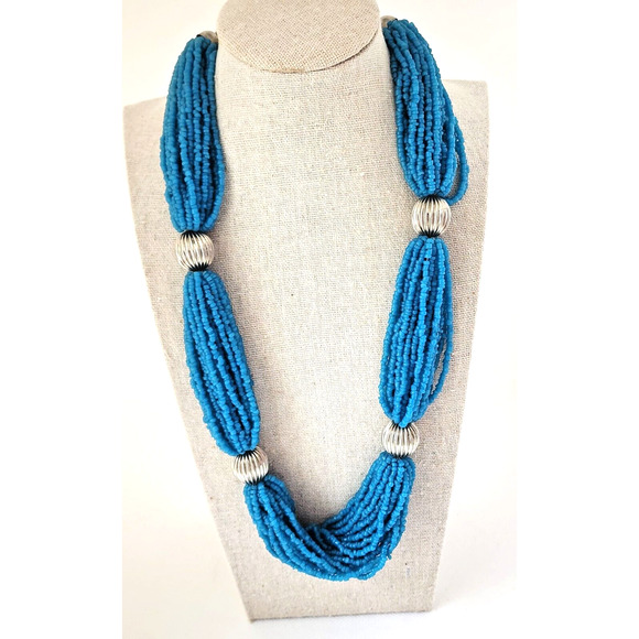 NECKLACE-Blue/Dark Turquoise-Multi Strands of Beads-Silver Tone Detail-Chunky - Picture 1 of 12